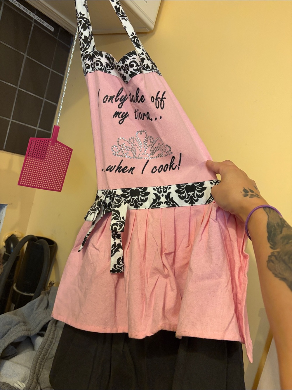 Pink Embroidered Apron Skirt with Black Damask Trim
